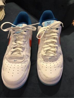 Nike Air Force 1  ‘07 NY v. NY Pristine White with Orange Swoosh & Blue Accent
